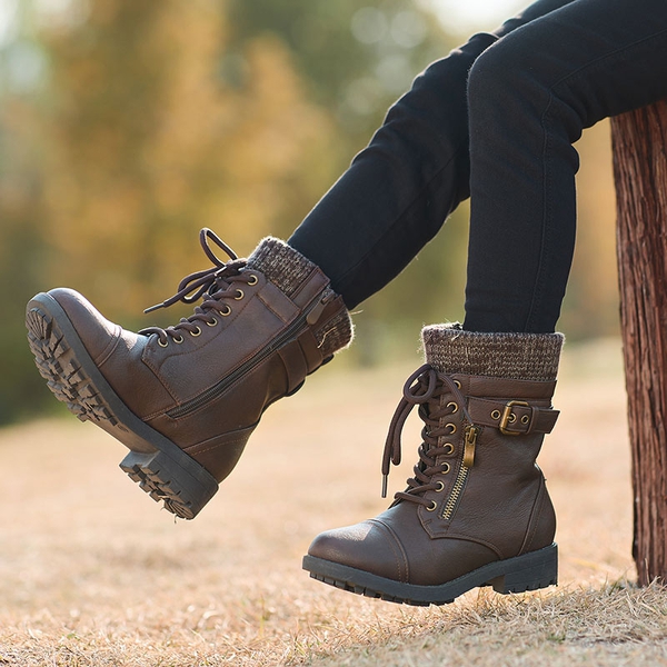 Girl's Mid Calf Combat Boots - BROWN - 4
